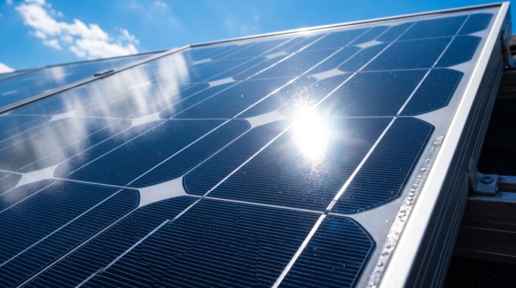 Close-up of solar panels reflecting the sun